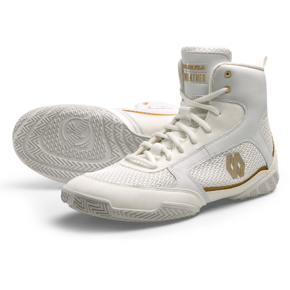 Ein Paar weiße Mayweather Champ-Boxschuhe von vorne gesehen