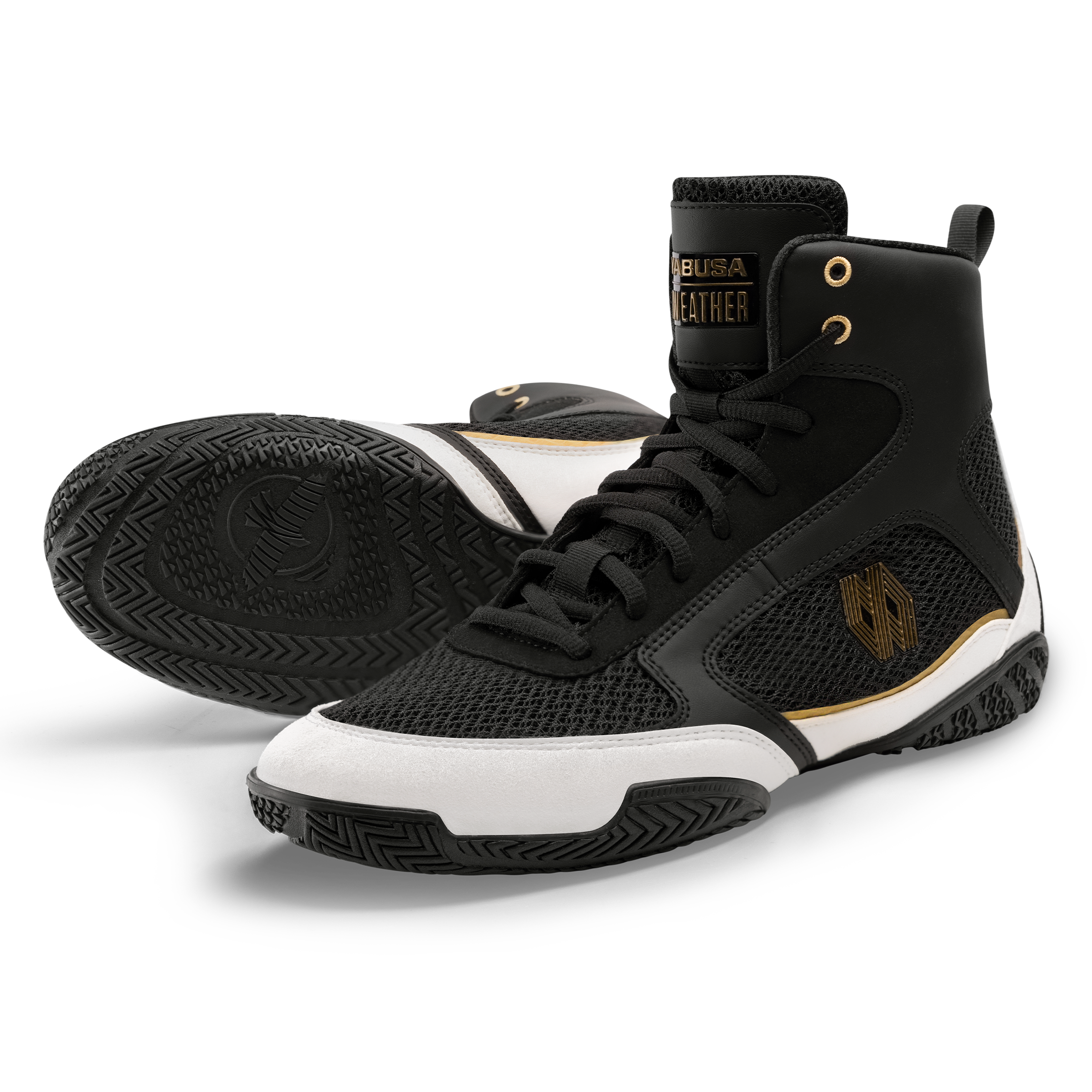 Coppia di scarpe da boxe Mayweather Champ nere viste frontalmente