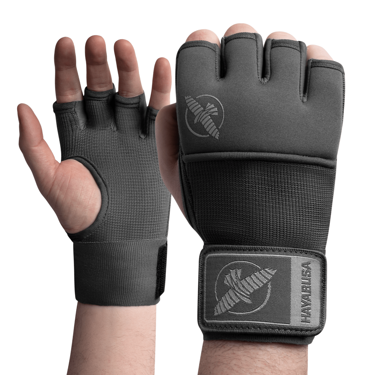 Čelní pohled na šedé spodní rukavice Hayabusa Deluxe Quick Wraps