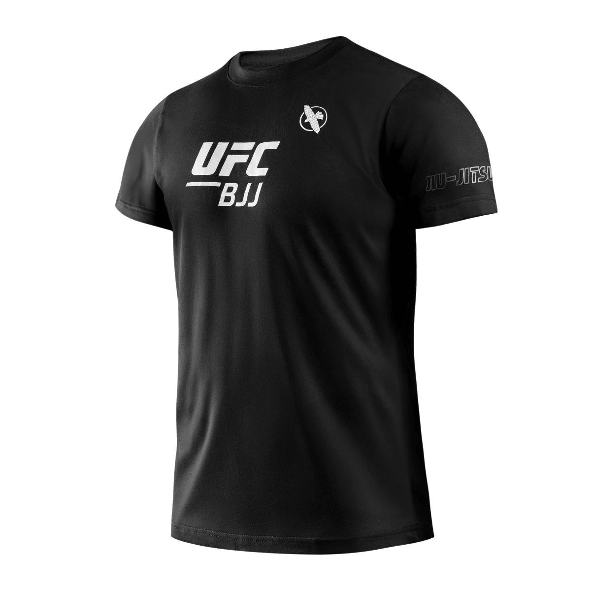 Tampak depan kaos unisex Hayabusa UFC BJJ berwarna hitam, dengan logo resmi 'UFC BJJ' tercetak di bagian dada